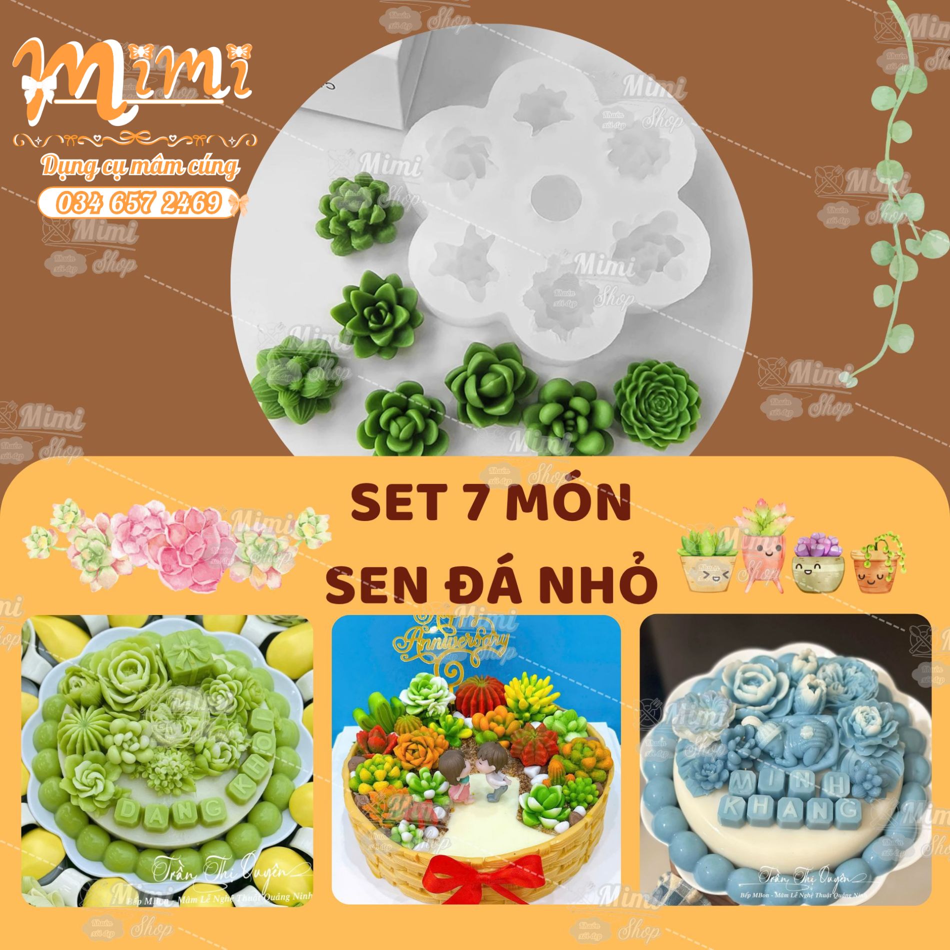 Silicon vỉ 7 sen đá nhỏ đổ râu câu, bánh thạch trang trí bánh sinh nhật, mâm lễ